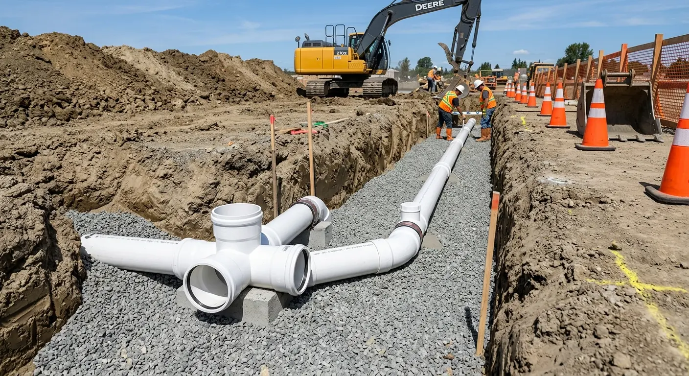 New PVC sewer pipe installation in open trench for Commercial Drain Cleaning in Frostburg