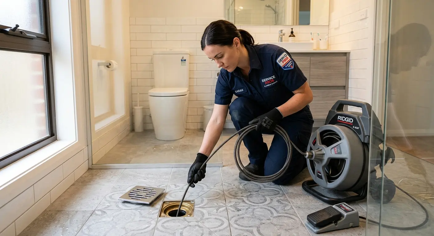 Technician clearing a bathroom floor drain for Drain Cleaning in Frostburg
